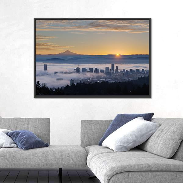 Sunrise Over City Of Portland Oregon Canvas Wall Art-3 Horizontal-Gallery Wrap-25" x 16"-Tiaracle