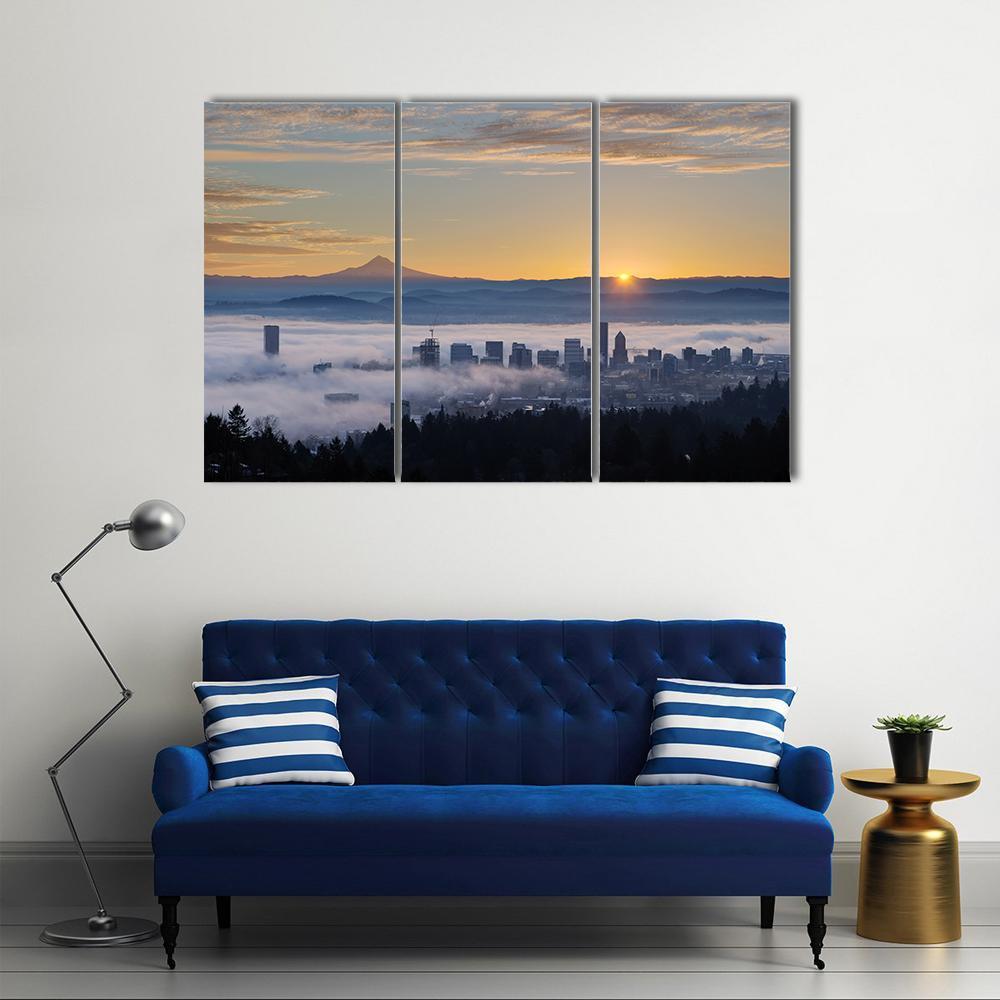 Sunrise Over City Of Portland Oregon Canvas Wall Art-3 Horizontal-Gallery Wrap-37" x 24"-Tiaracle