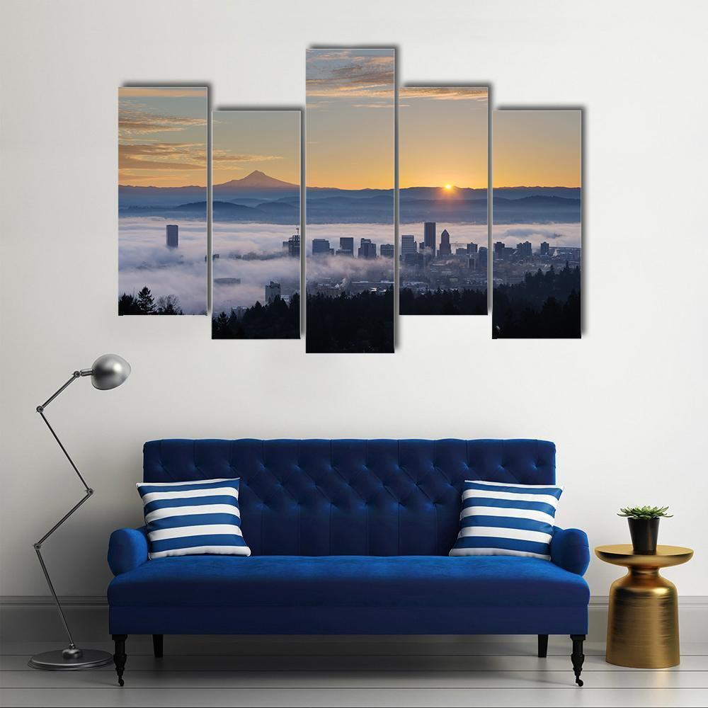 Sunrise Over City Of Portland Oregon Canvas Wall Art-5 Pop-Gallery Wrap-47" x 32"-Tiaracle