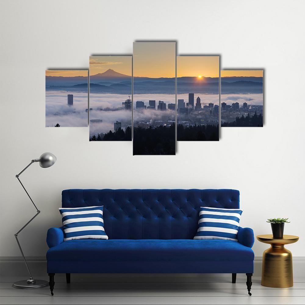 Sunrise Over City Of Portland Oregon Canvas Wall Art-5 Star-Gallery Wrap-62" x 32"-Tiaracle