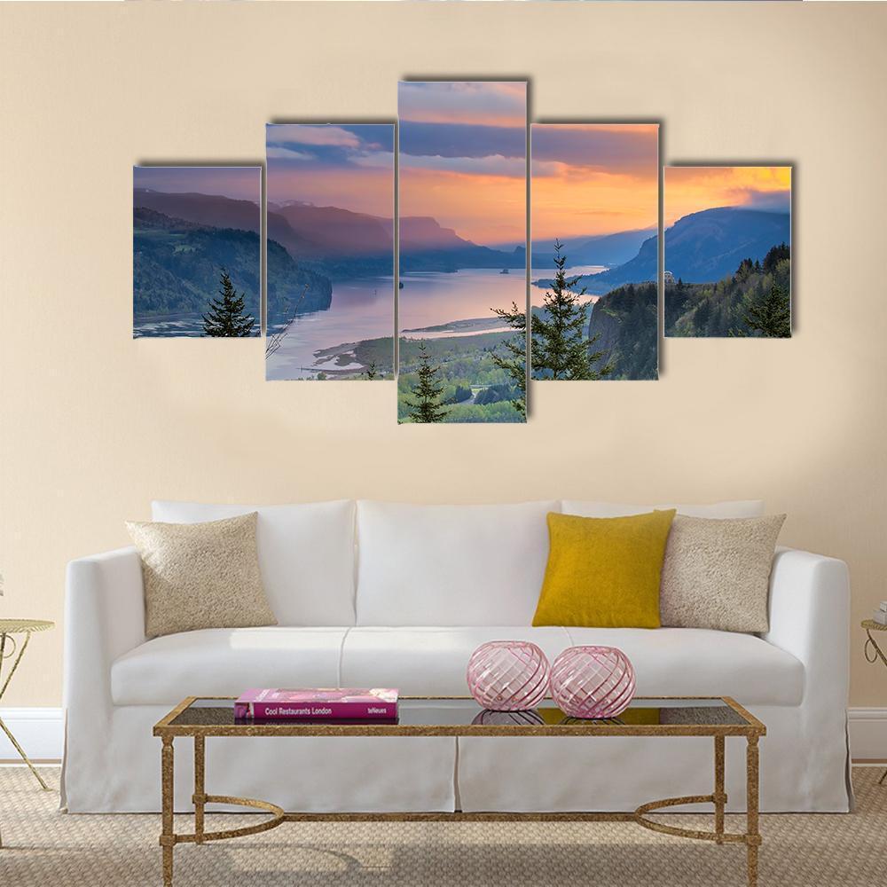 Sunrise Over Columbia River Canvas Wall Art-5 Star-Gallery Wrap-62" x 32"-Tiaracle