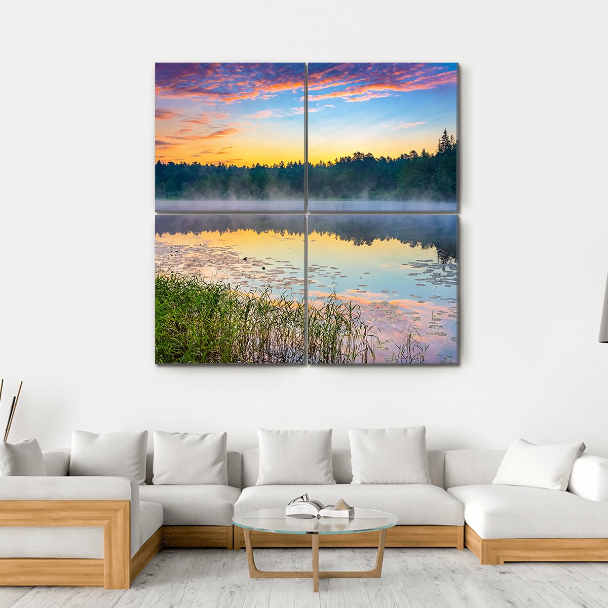 Sunrise Over Forest Lake Canvas Wall Art-4 Square-Gallery Wrap-17" x 17"-Tiaracle