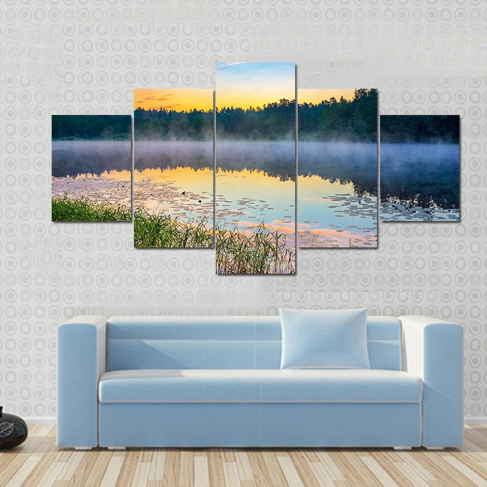 Sunrise Over Forest Lake Canvas Wall Art-5 Star-Gallery Wrap-62" x 32"-Tiaracle