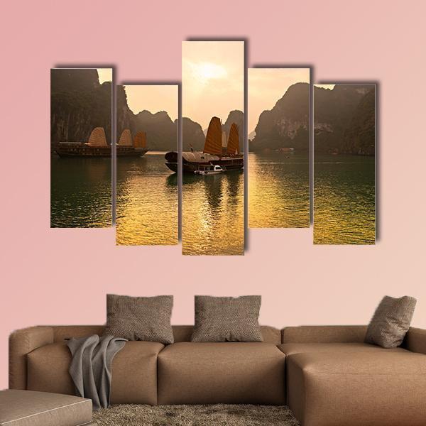 Sunrise Over Halong Bay In Vietnam Canvas Wall Art-5 Pop-Gallery Wrap-47" x 32"-Tiaracle
