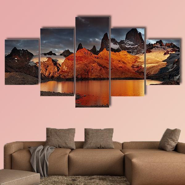 Sunrise Over Laguna De Los Tres And Mount Fitz Roy Canvas Wall Art-5 Star-Gallery Wrap-62" x 32"-Tiaracle