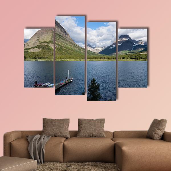 Sunrise Over Lake Swiftcurrent In Montana USA Canvas Wall Art-4 Pop-Gallery Wrap-50" x 32"-Tiaracle
