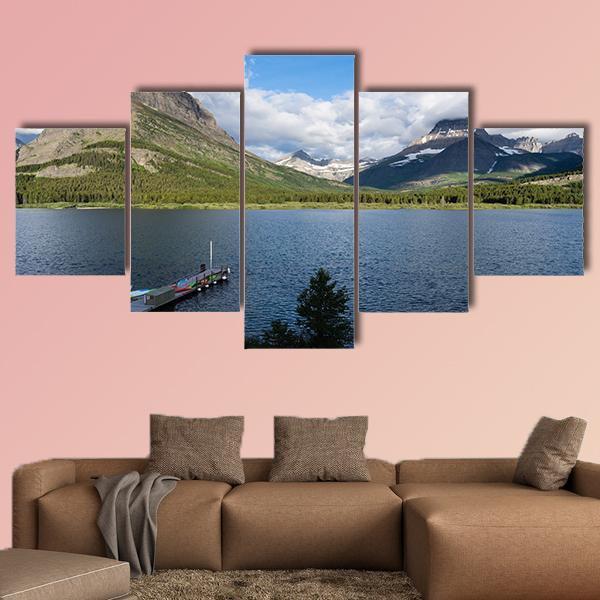 Sunrise Over Lake Swiftcurrent In Montana USA Canvas Wall Art-5 Star-Gallery Wrap-62" x 32"-Tiaracle