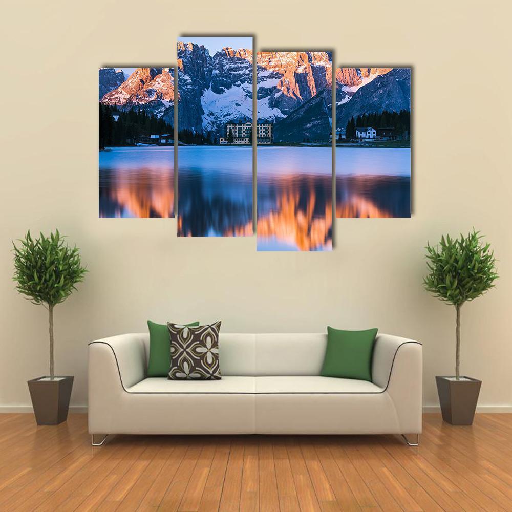 Sunrise Over Misurina Lake With Dolomites Mountains Canvas Wall Art-4 Pop-Gallery Wrap-50" x 32"-Tiaracle