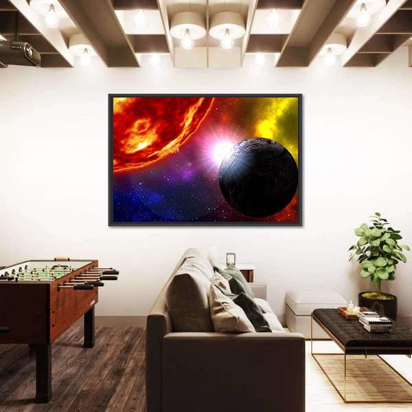 Sunrise Over Planet In Deep Space Canvas Wall Art-3 Horizontal-Gallery Wrap-25" x 16"-Tiaracle