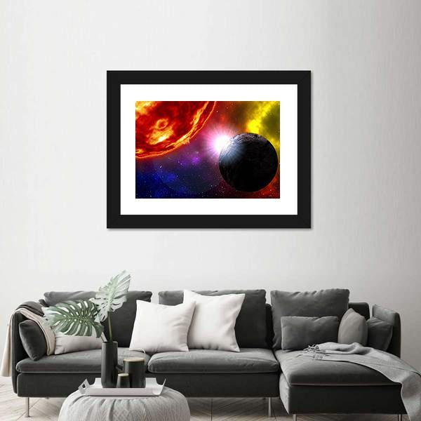 Sunrise Over Planet In Deep Space Canvas Wall Art-3 Horizontal-Gallery Wrap-25" x 16"-Tiaracle