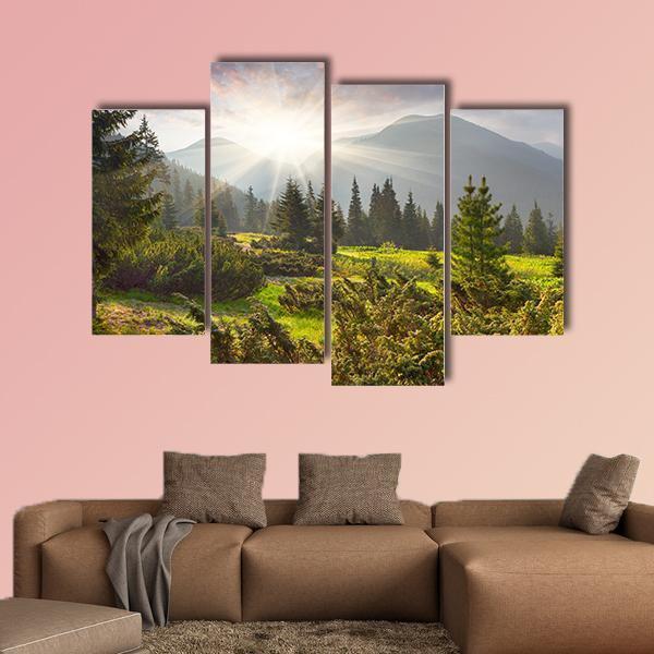Sunrise Over Summer Landscape In The Mountains Canvas Wall Art-4 Pop-Gallery Wrap-50" x 32"-Tiaracle