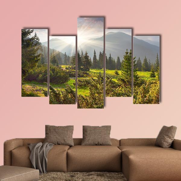 Sunrise Over Summer Landscape In The Mountains Canvas Wall Art-5 Pop-Gallery Wrap-47" x 32"-Tiaracle