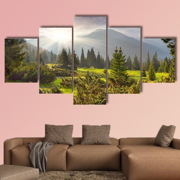Sunrise Over Summer Landscape In The Mountains Canvas Wall Art-5 Star-Gallery Wrap-62" x 32"-Tiaracle