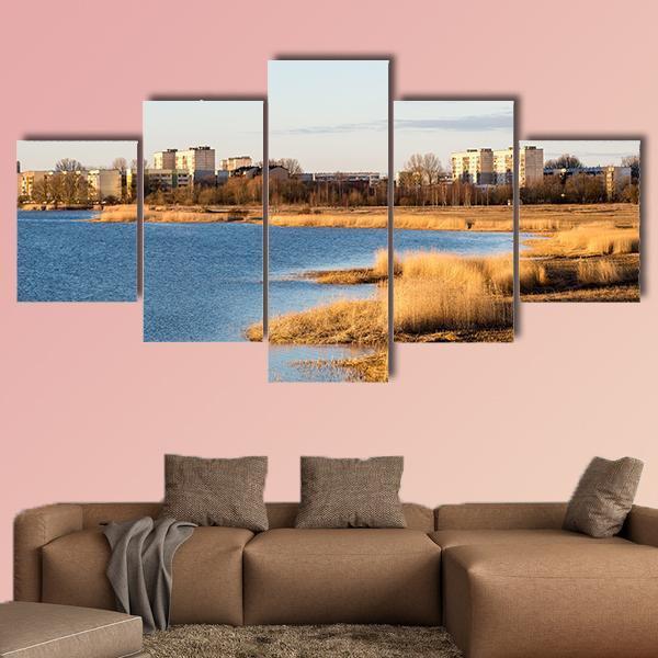 Sunrise Over The Lake In Country Canvas Wall Art-5 Star-Gallery Wrap-62" x 32"-Tiaracle