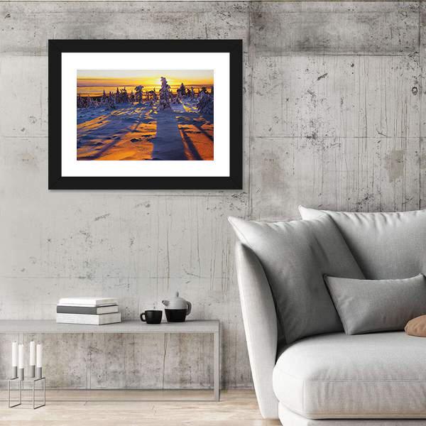 Sunrise Over Winter Landscape Canvas Wall Art-3 Horizontal-Gallery Wrap-25" x 16"-Tiaracle
