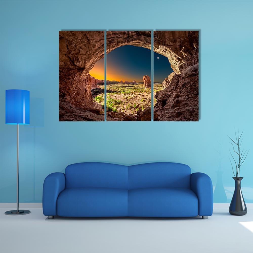 Sunrise View From Inside Double Arches Rock Canvas Wall Art-3 Horizontal-Gallery Wrap-37" x 24"-Tiaracle