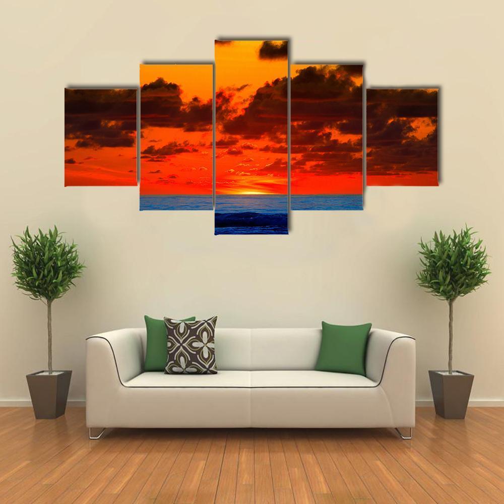 Sunrise With Bright Red Sky On Sea Canvas Wall Art-5 Star-Gallery Wrap-62" x 32"-Tiaracle