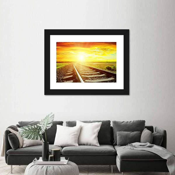 Sunrise With Railway Track Canvas Wall Art-3 Horizontal-Gallery Wrap-25" x 16"-Tiaracle