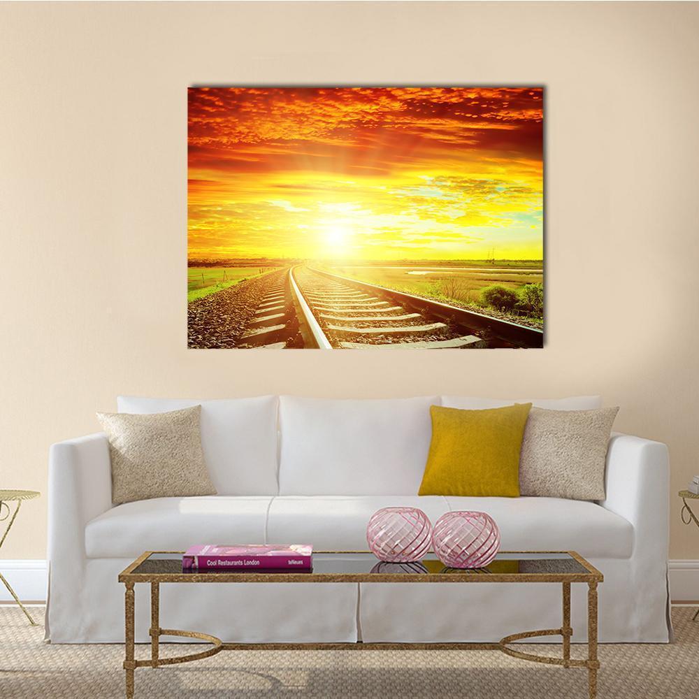 Sunrise With Railway Track Canvas Wall Art-1 Piece-Gallery Wrap-48" x 32"-Tiaracle