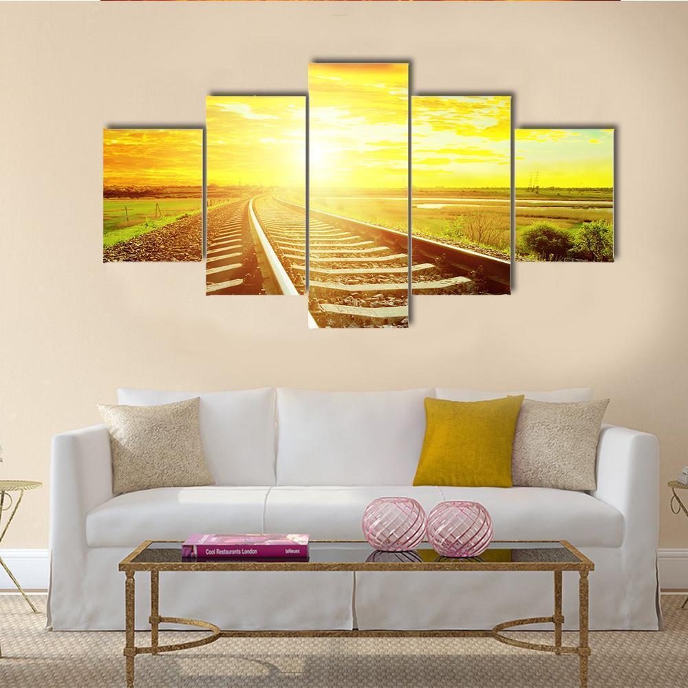 Sunrise With Railway Track Canvas Wall Art-5 Star-Gallery Wrap-62" x 32"-Tiaracle