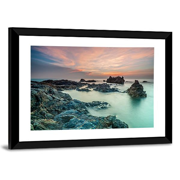 Sunrise With Rocks On The Beach Canvas Wall Art-3 Horizontal-Gallery Wrap-25" x 16"-Tiaracle