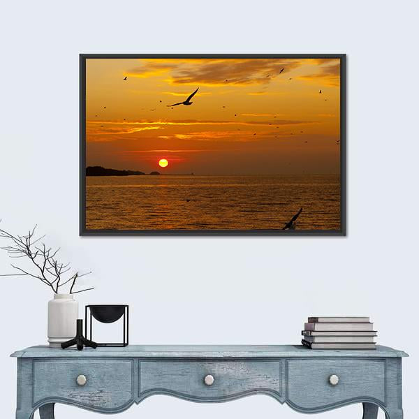 Sunrise With Seagull Canvas Wall Art-1 Piece-Floating Frame-24" x 16"-Tiaracle