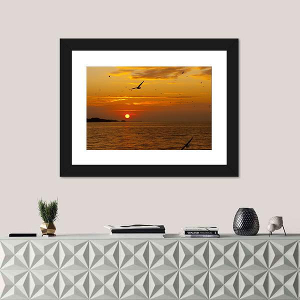Sunrise With Seagull Canvas Wall Art-1 Piece-Framed Print-20" x 16"-Tiaracle