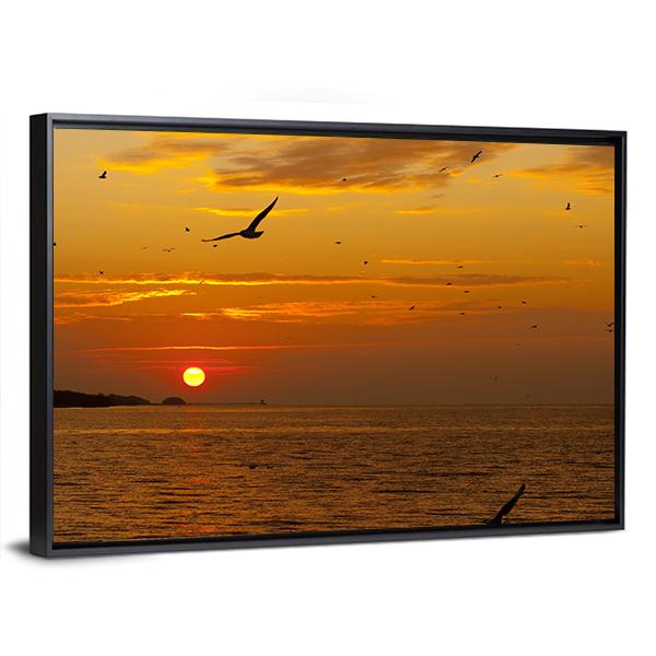 Sunrise With Seagull Canvas Wall Art-3 Horizontal-Gallery Wrap-25" x 16"-Tiaracle