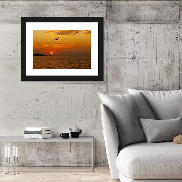 Sunrise With Seagull Canvas Wall Art-3 Horizontal-Gallery Wrap-25" x 16"-Tiaracle