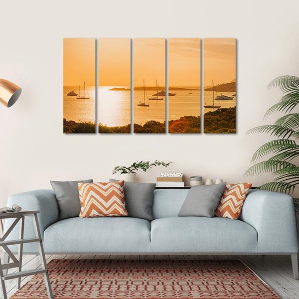 Sunrise With Yacht And Ships In Porto Rotondo Canvas Wall Art-5 Horizontal-Gallery Wrap-22" x 12"-Tiaracle