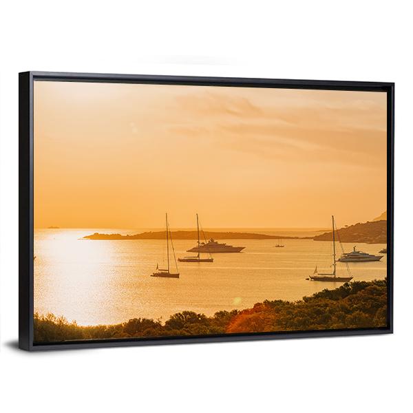 Sunrise With Yacht And Ships In Porto Rotondo Canvas Wall Art-3 Horizontal-Gallery Wrap-25" x 16"-Tiaracle