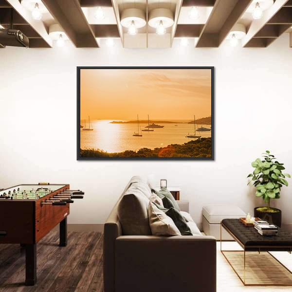 Sunrise With Yacht And Ships In Porto Rotondo Canvas Wall Art-3 Horizontal-Gallery Wrap-25" x 16"-Tiaracle