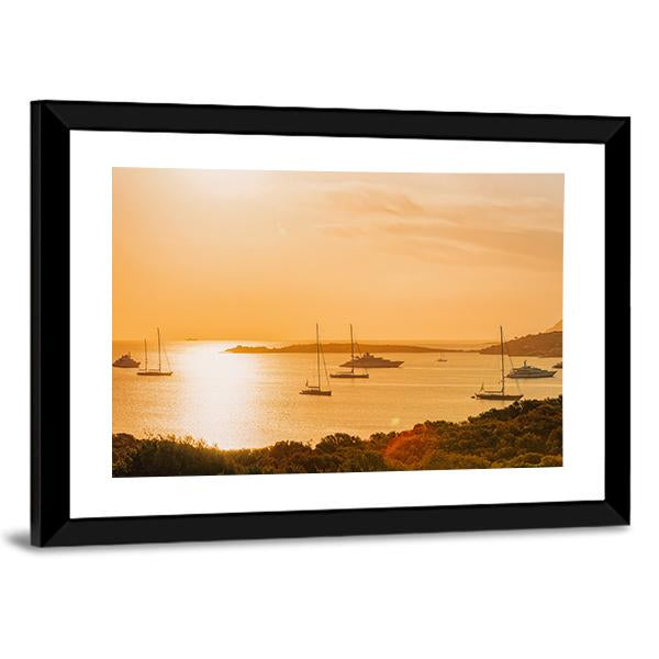 Sunrise With Yacht And Ships In Porto Rotondo Canvas Wall Art-3 Horizontal-Gallery Wrap-25" x 16"-Tiaracle