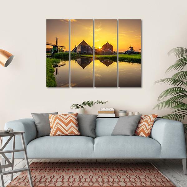 Sunset Above Farm Houses And Windmills Canvas Wall Art-4 Horizontal-Gallery Wrap-34" x 24"-Tiaracle