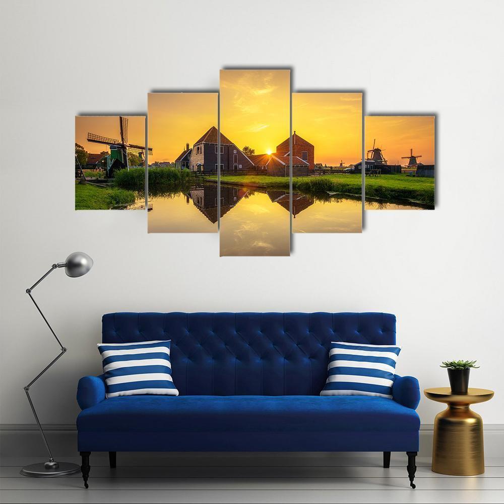 Sunset Above Farm Houses And Windmills Canvas Wall Art-5 Star-Gallery Wrap-62" x 32"-Tiaracle