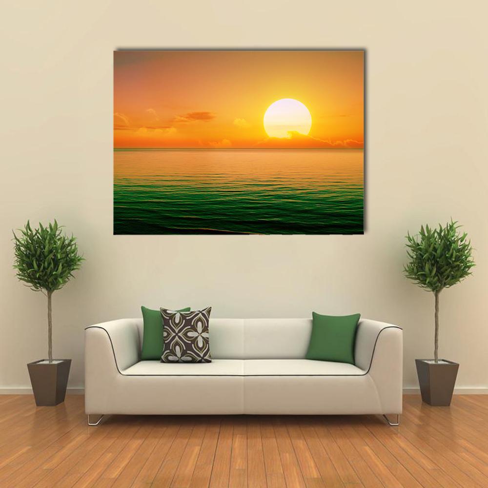 Sunset Above Green Sea Canvas Wall Art-1 Piece-Gallery Wrap-48" x 32"-Tiaracle