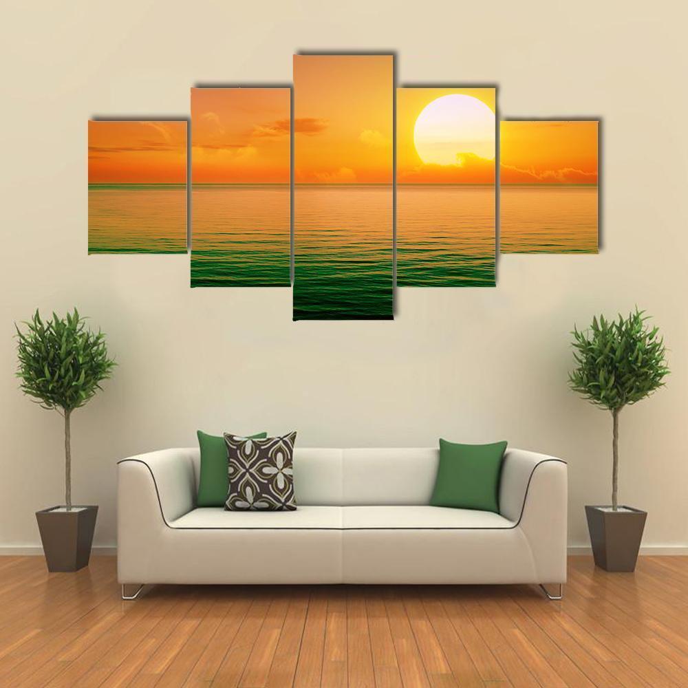 Sunset Above Green Sea Canvas Wall Art-5 Star-Gallery Wrap-62" x 32"-Tiaracle