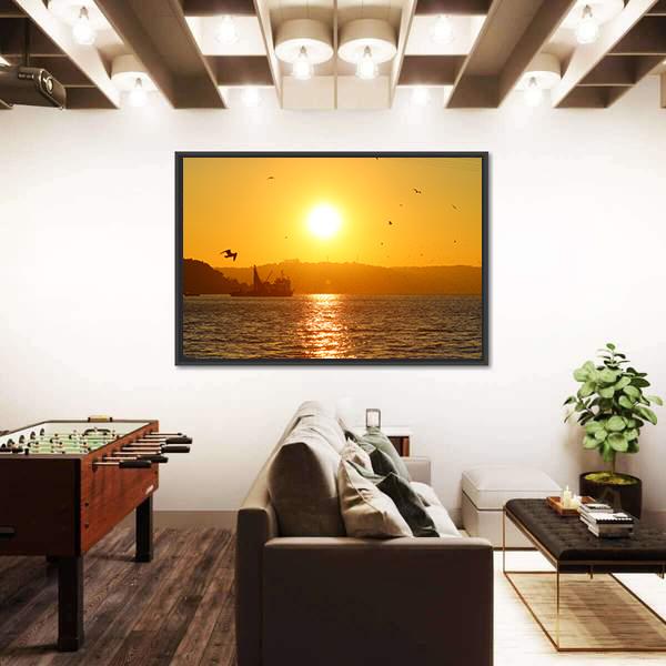 Sunset And Fishing Boat In Sea Canvas Wall Art-3 Horizontal-Gallery Wrap-25" x 16"-Tiaracle