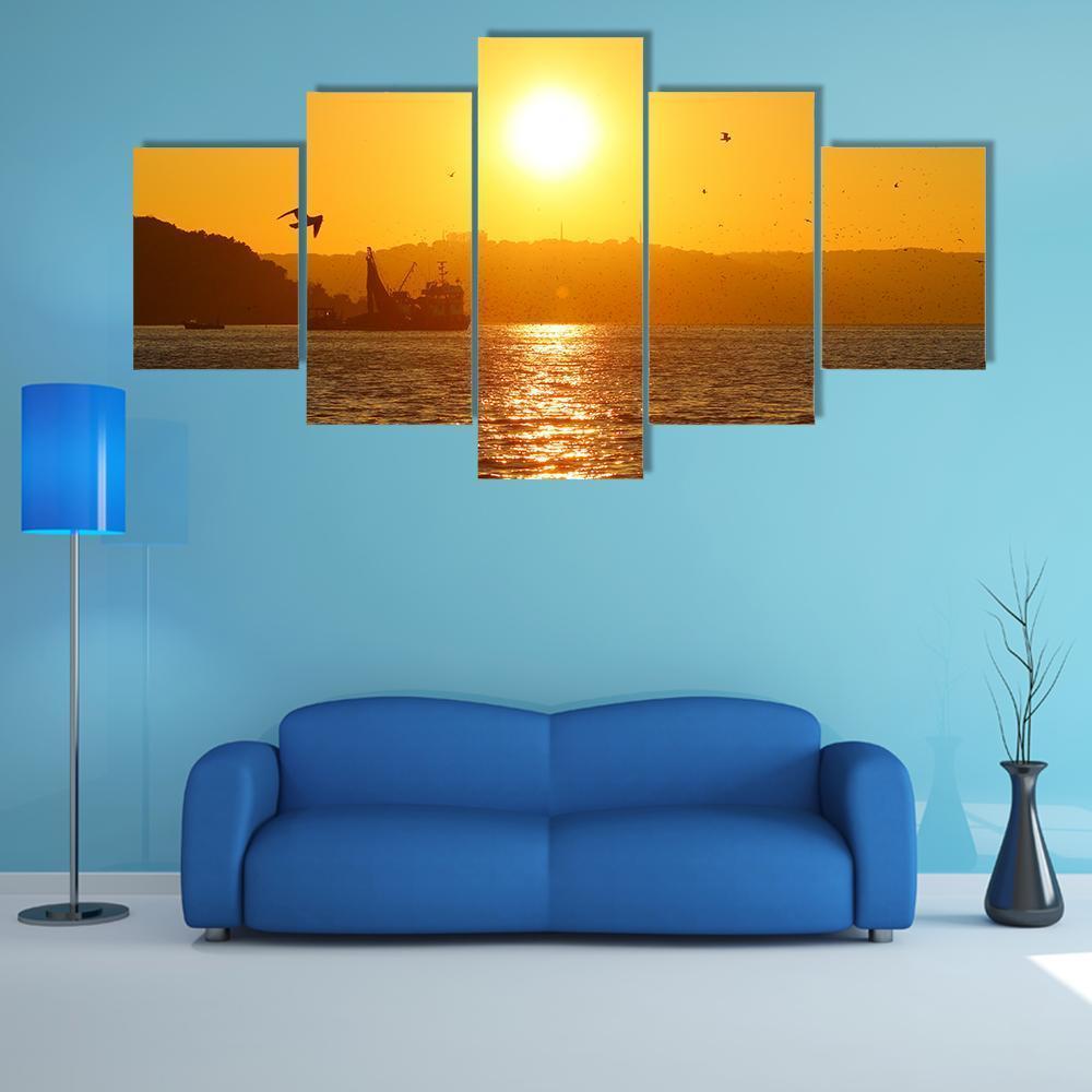 Sunset And Fishing Boat In Sea Canvas Wall Art-5 Star-Gallery Wrap-62" x 32"-Tiaracle