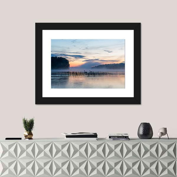 Sunset And Fog Over A Lake In Finland Canvas Wall Art-1 Piece-Framed Print-20" x 16"-Tiaracle