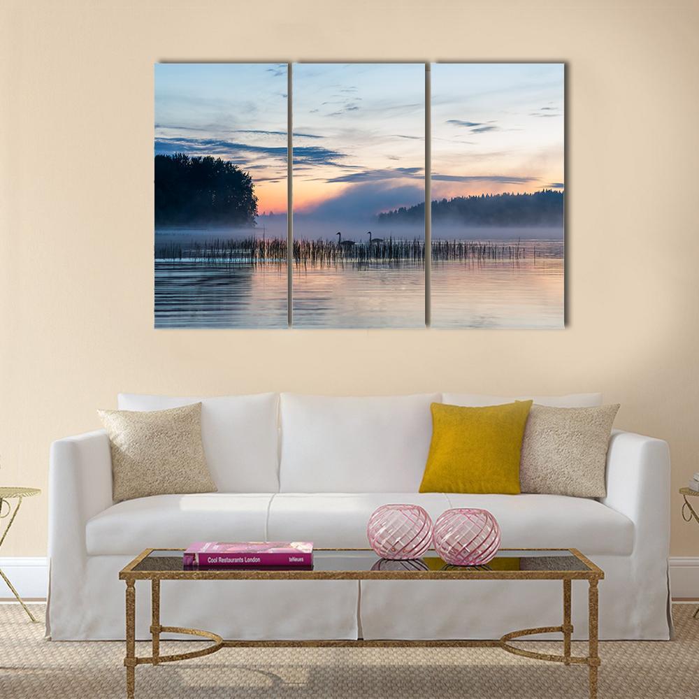 Sunset And Fog Over Lake In Finland Canvas Wall Art-3 Horizontal-Gallery Wrap-37" x 24"-Tiaracle