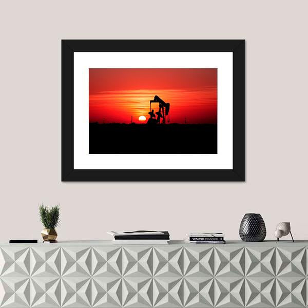 Sunset And Oilfield Pump Jack Canvas Wall Art-1 Piece-Framed Print-20" x 16"-Tiaracle