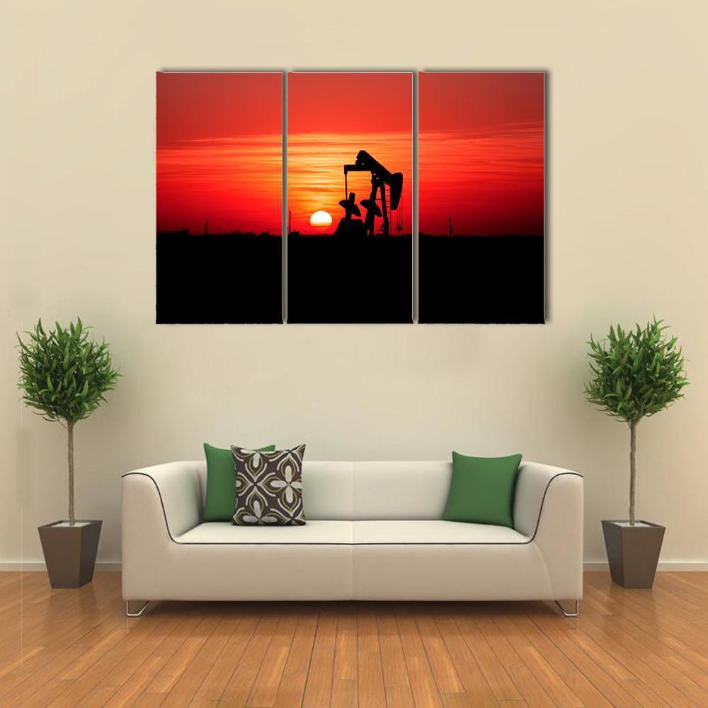Sunset And Oilfield Pump Jack Canvas Wall Art-3 Horizontal-Gallery Wrap-37" x 24"-Tiaracle