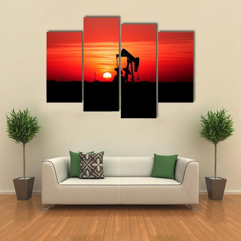 Sunset And Oilfield Pump Jack Canvas Wall Art-4 Pop-Gallery Wrap-50" x 32"-Tiaracle