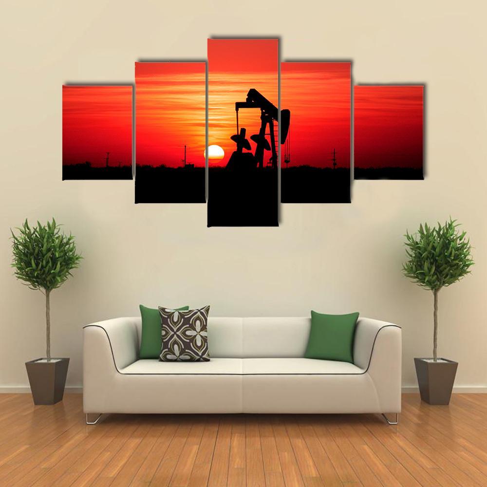 Sunset And Oilfield Pump Jack Canvas Wall Art-5 Star-Gallery Wrap-62" x 32"-Tiaracle