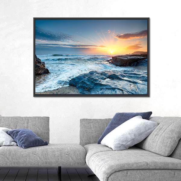 Sunset And Waves At Booby's Bay Canvas Wall Art-3 Horizontal-Gallery Wrap-25" x 16"-Tiaracle