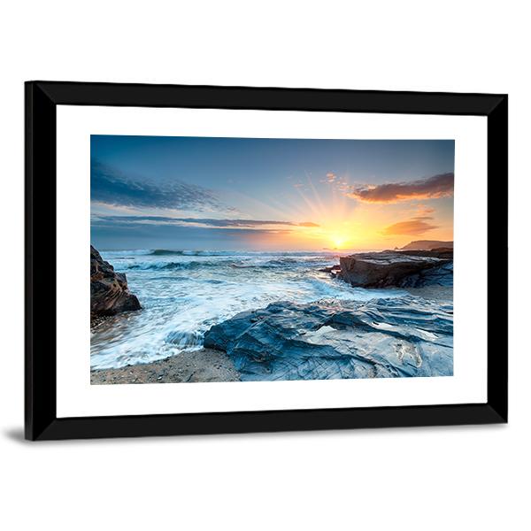 Sunset And Waves At Booby's Bay Canvas Wall Art-3 Horizontal-Gallery Wrap-25" x 16"-Tiaracle