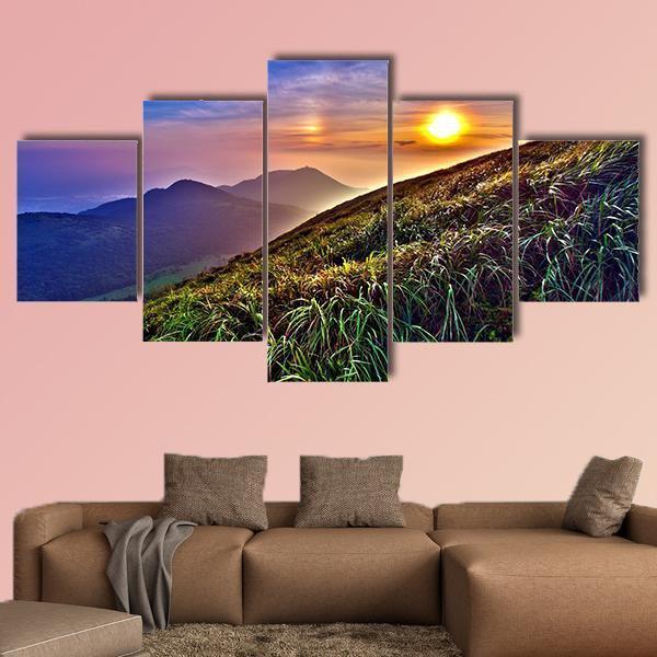 Sunset Around Mountains In Summer In Taiwan Canvas Wall Art-5 Star-Gallery Wrap-62" x 32"-Tiaracle