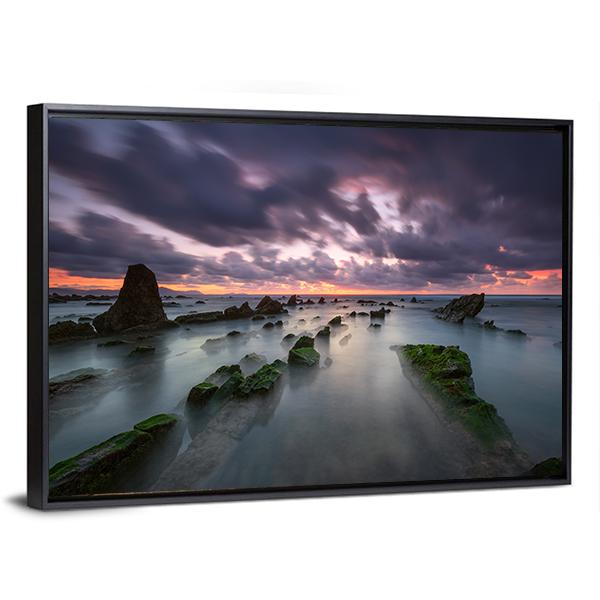 Sunset At Barrika Beach In Bizkaia Canvas Wall Art-3 Horizontal-Gallery Wrap-25" x 16"-Tiaracle