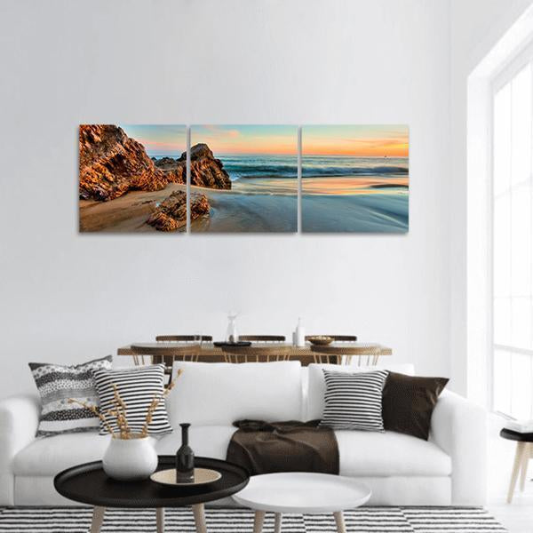Sunset At California Beach Panoramic Canvas Wall Art-3 Piece-25" x 08"-Tiaracle